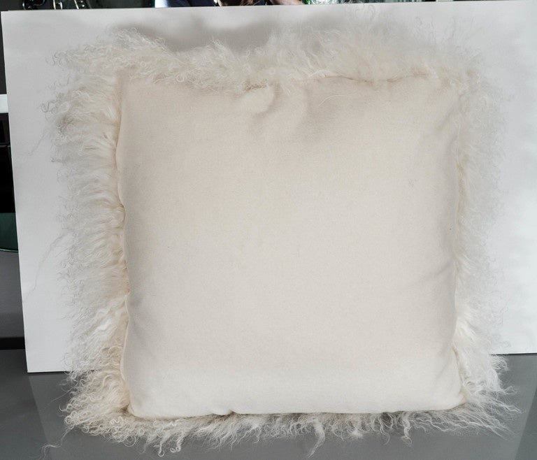 Contemporary Lush Ivory Mongolian Lamb Pillow with Cashmere Backing