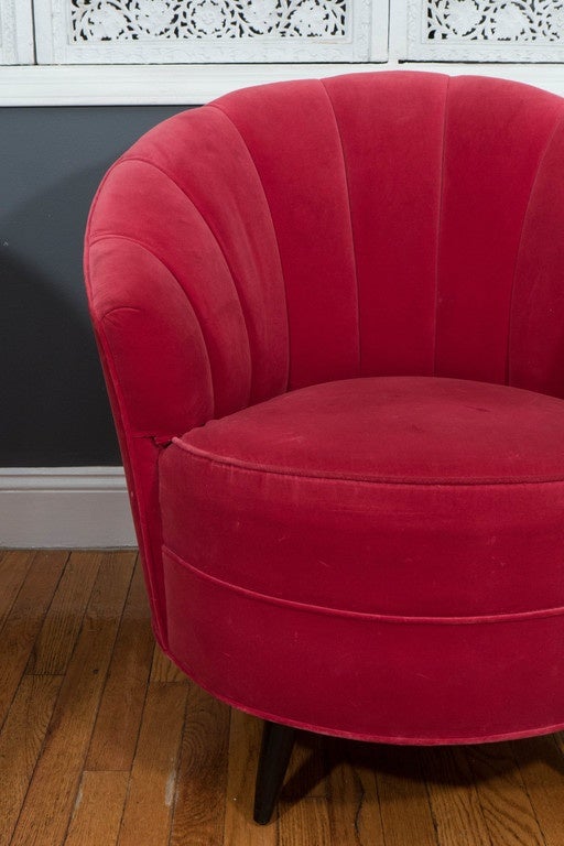 Pair of 1960s Red Velvet Channel Back Swivel Chairs at 1stdibs