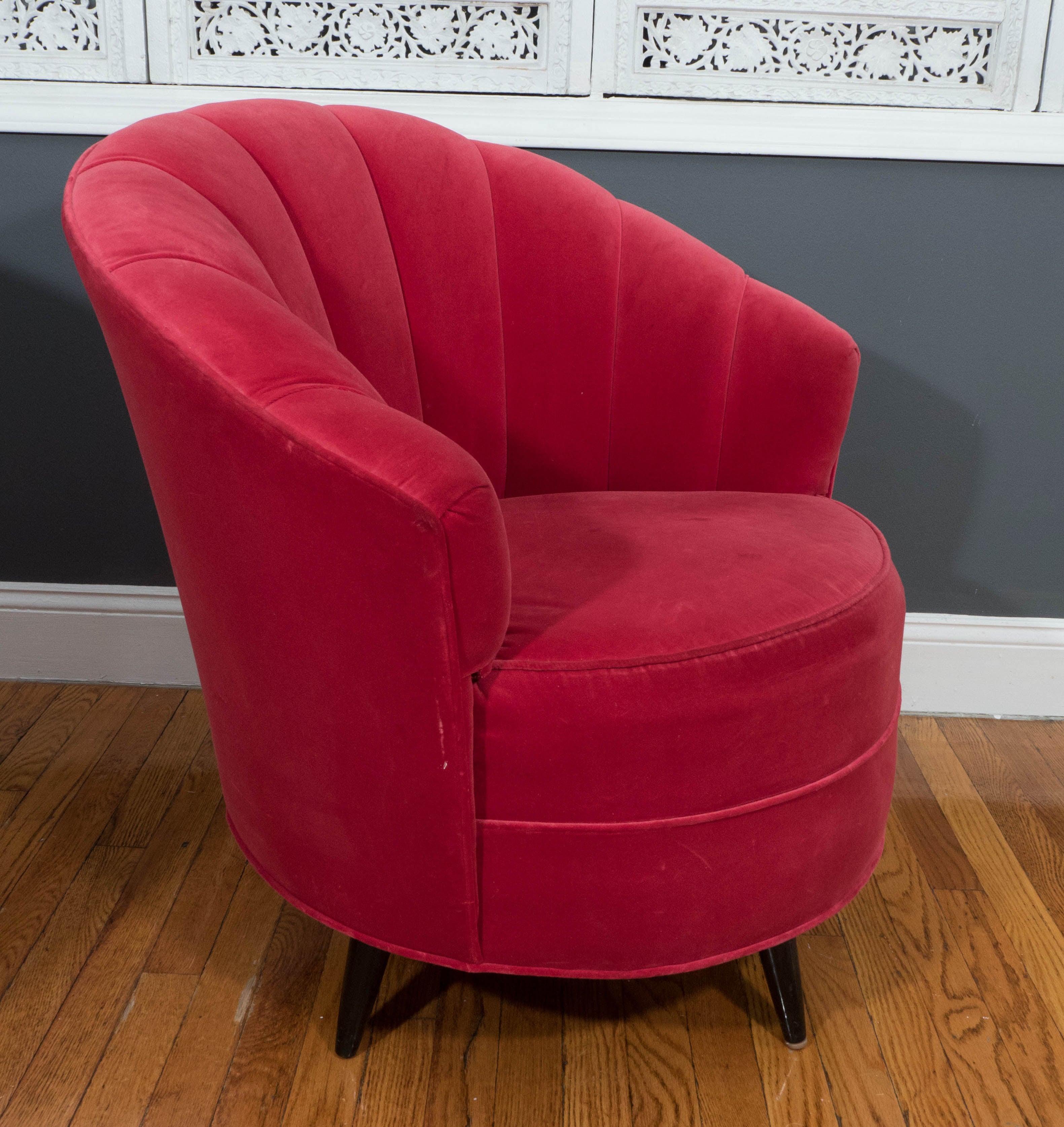 American Pair of 1960s Red Velvet Channel Back Swivel Chairs