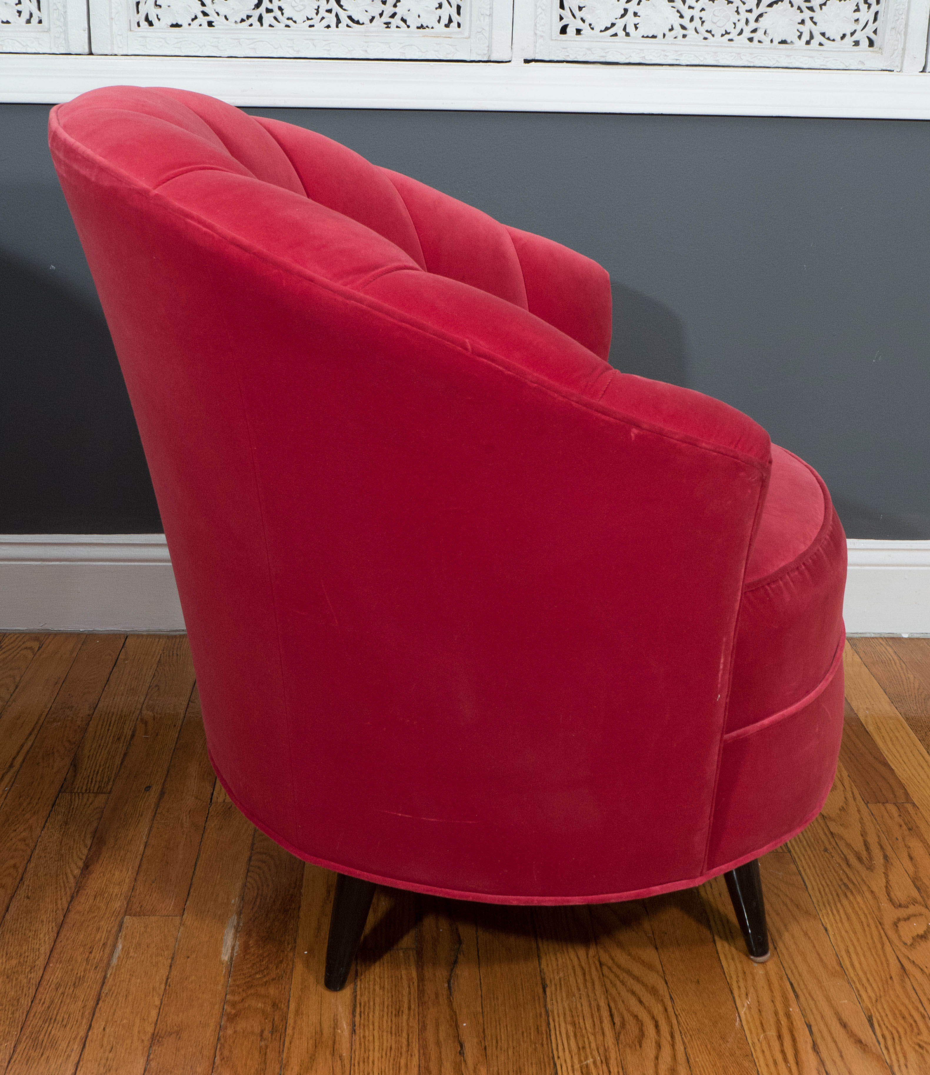 Pair of 1960s Red Velvet Channel Back Swivel Chairs In Good Condition In New York, NY