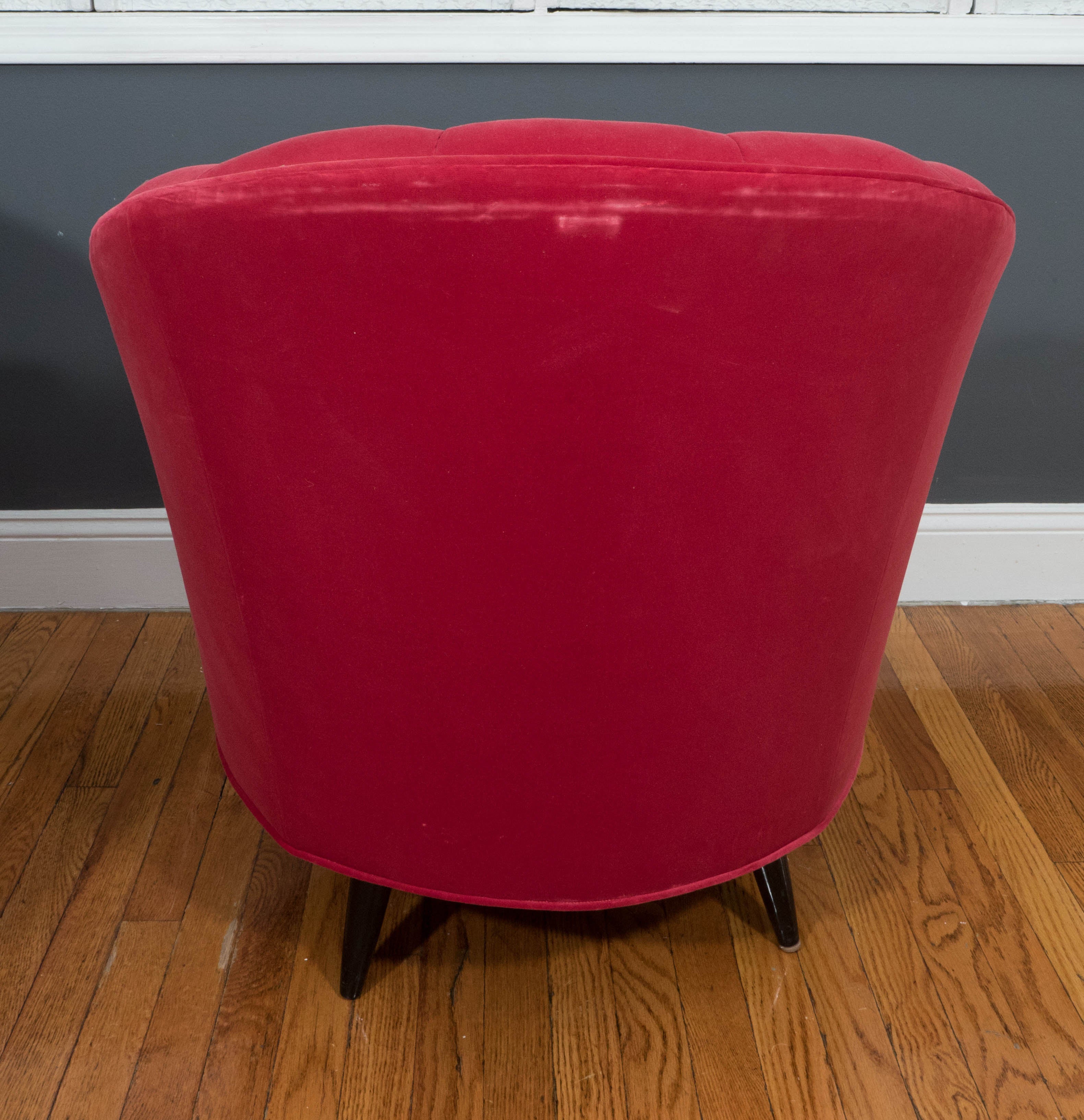 20th Century Pair of 1960s Red Velvet Channel Back Swivel Chairs