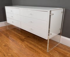 Custom 6-Drawer Reverse Painted Glass Dresser with Lucite Side Panels