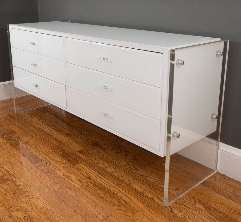 Vintage Lucite Side Panel SixDrawer Reverse Painted Glass Dresser For