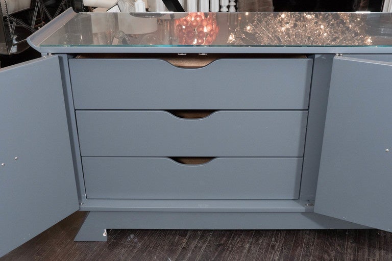 Lacquered Vintage Grey Satin Lacquer Dresser with Glass Top and Greek Key Detail
