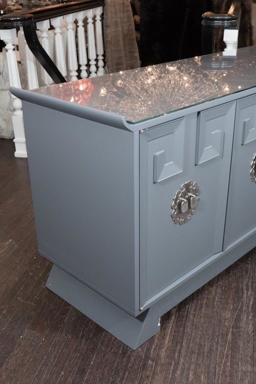 20th Century Vintage Grey Satin Lacquer Dresser with Glass Top and Greek Key Detail