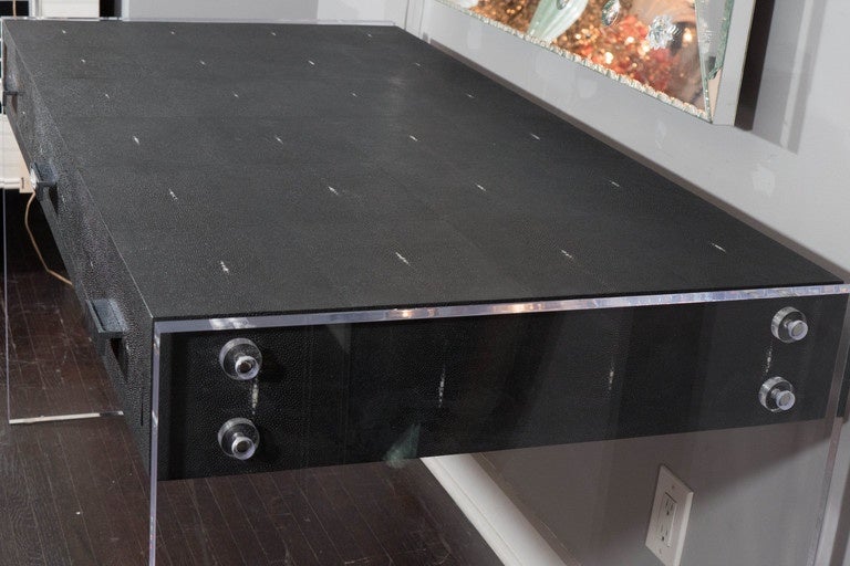 Sleek Black Shagreen Desk with Lucite Side Panels In Good Condition For Sale In New York, NY