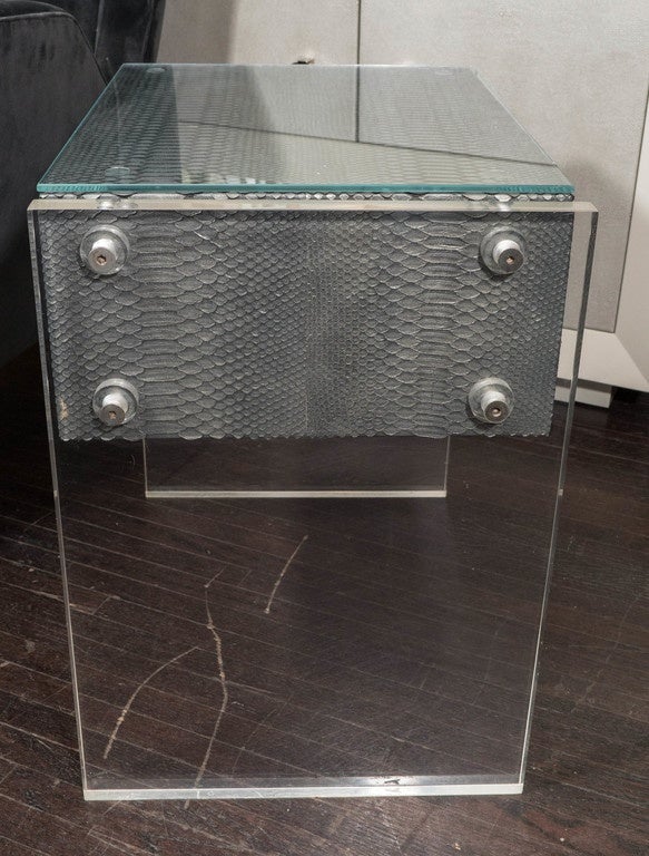 American Pair of Gunmetal Gray Python Nightstands with Lucite Side Panels For Sale