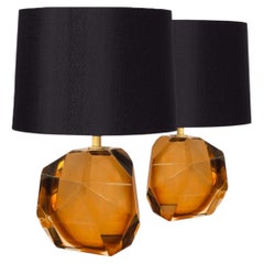 Pair of Petite Amber Faceted Murano Glass Jewel Table Lamps