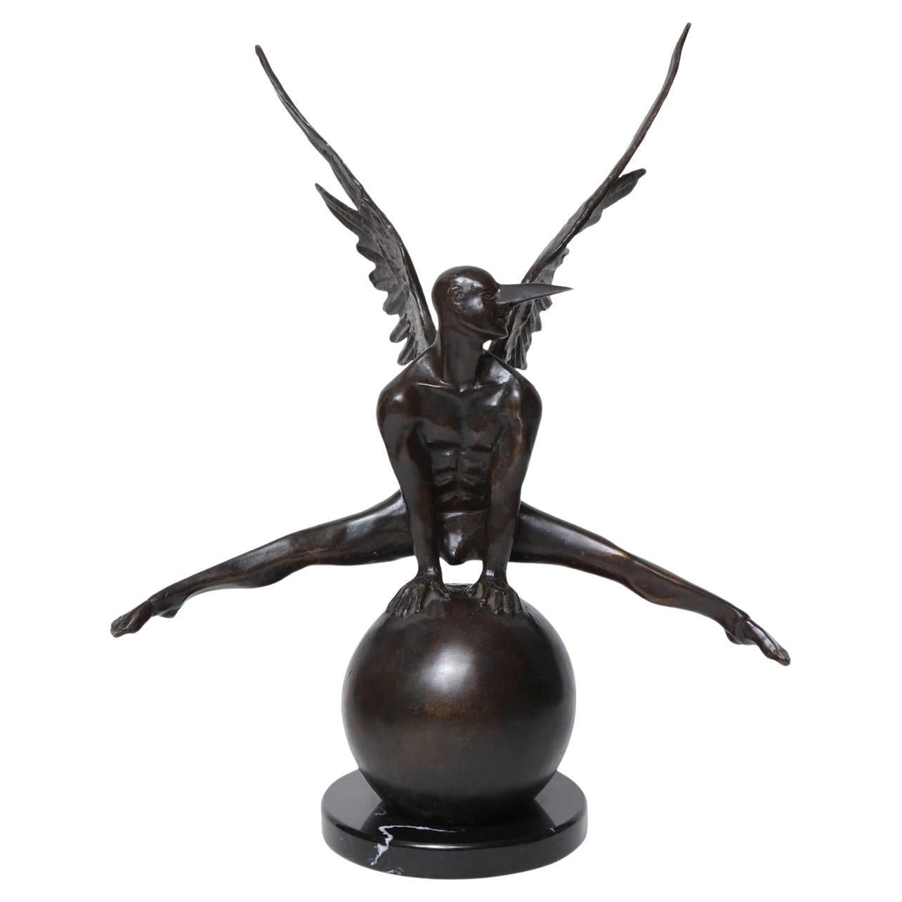 Jorge Marín "Icaro" Bronze Figure on a Ball with Carnival Mask (Signed) For Sale
