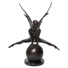 Jorge Marín "Icaro" Bronze Figure on a Ball with Carnival Mask (Signed)