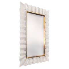 Pearl White Chevron Murano Glass Mirror with Brass Trim