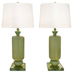 Pair of Sage Green Plisse Palazzo Murano Glass Table Lamps