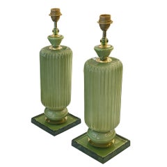 Pair of Sage Green Plisse Palazzo Murano Glass Table Lamps