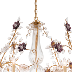 French Gilt Clear & Amethyst Floral Crystal Chandelier, 1940s