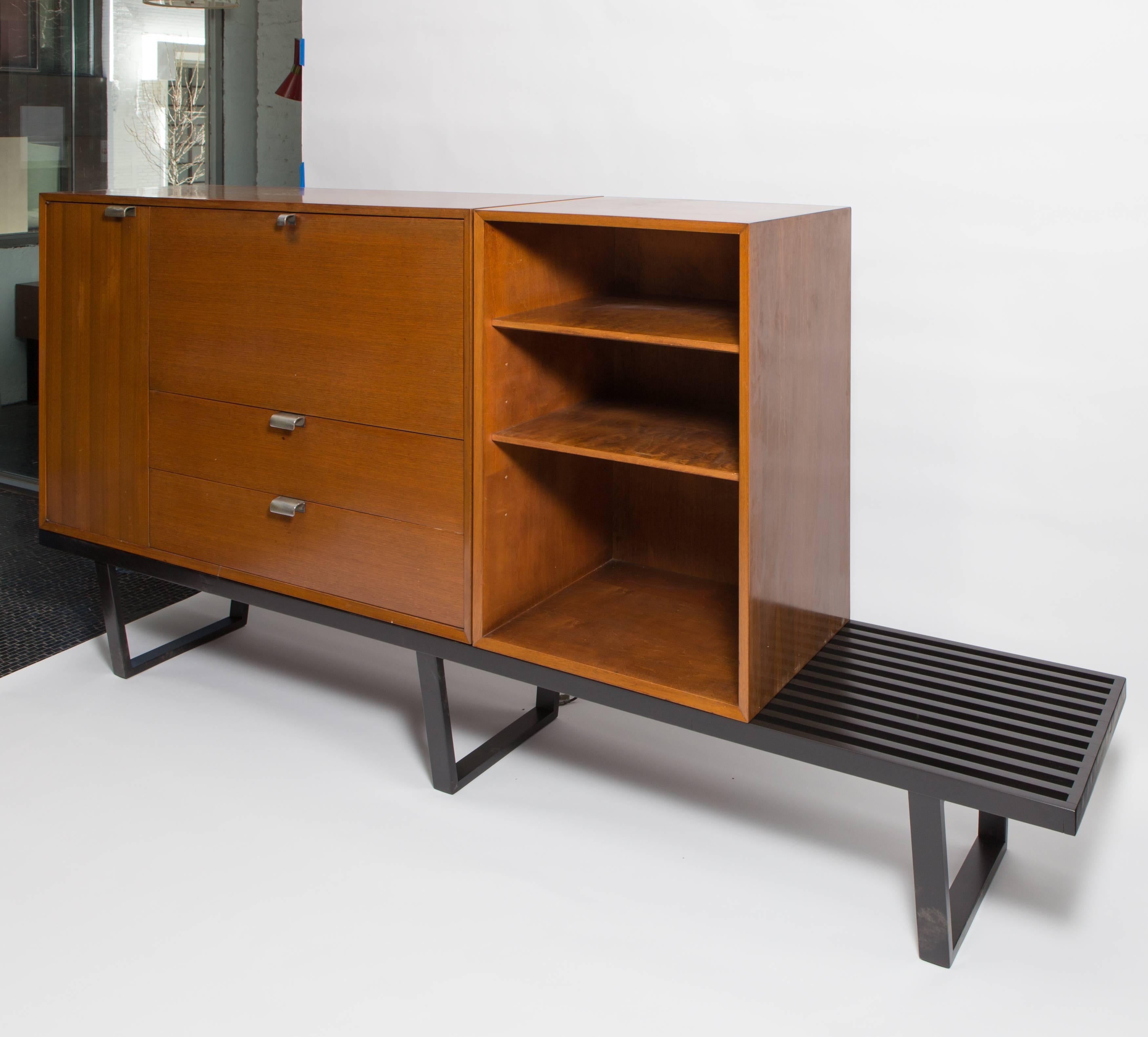 American George Nelson Walnut Secretary and Bookcase on Long Bench, Herman Miller