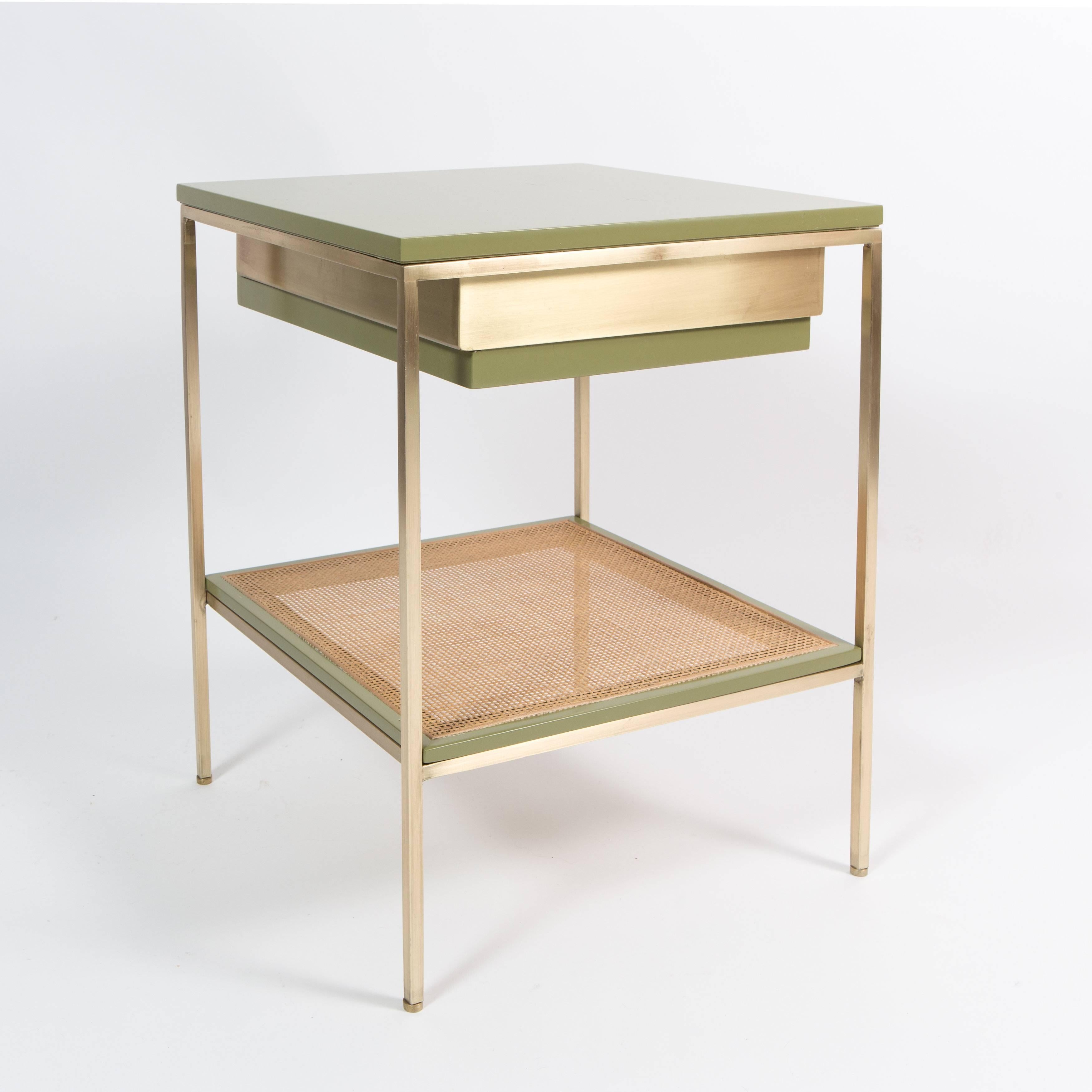 American Re 392 Bedside Table in Kensington Blue on Satin Brass Frame with Caned Shelf For Sale