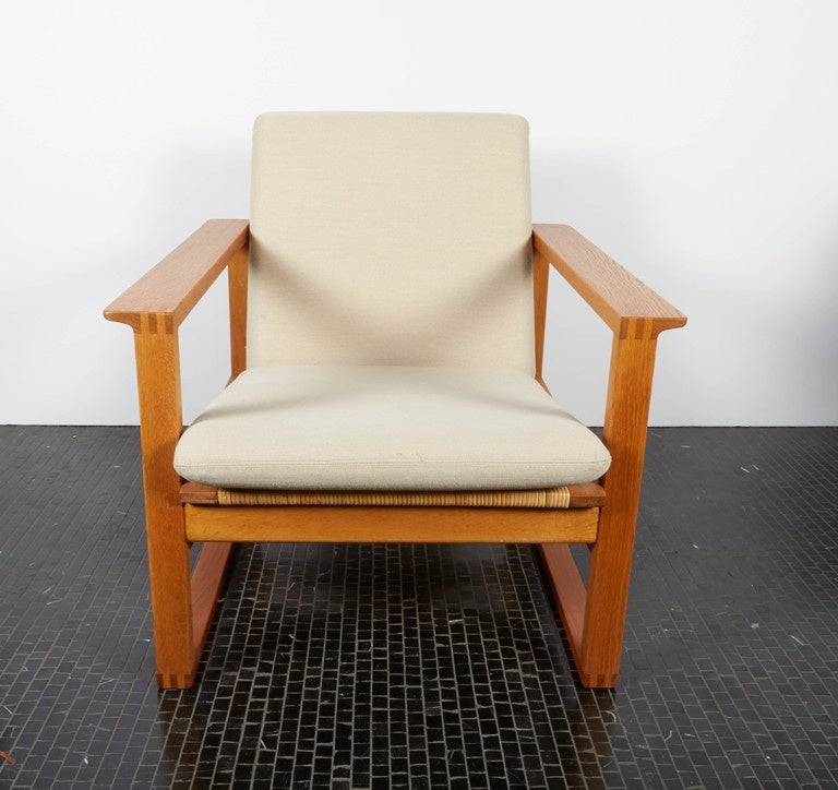 Danish Pair of Borge Mogensen Lounge Chairs with Cane and Linen Seats on Oak Frames