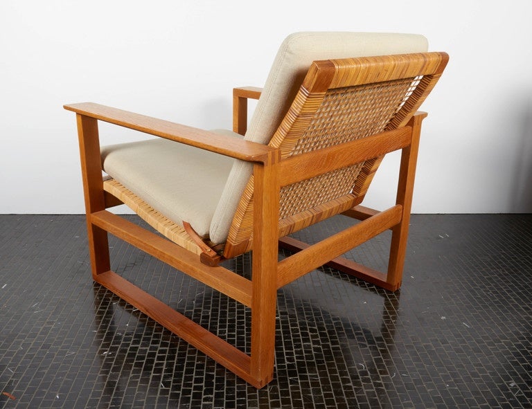 Pair of Borge Mogensen Lounge Chairs with Cane and Linen Seats on Oak Frames 1
