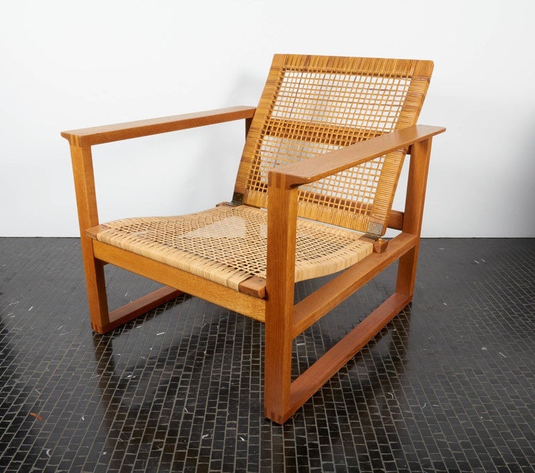 Pair of Borge Mogensen Lounge Chairs with Cane and Linen Seats on Oak Frames 2