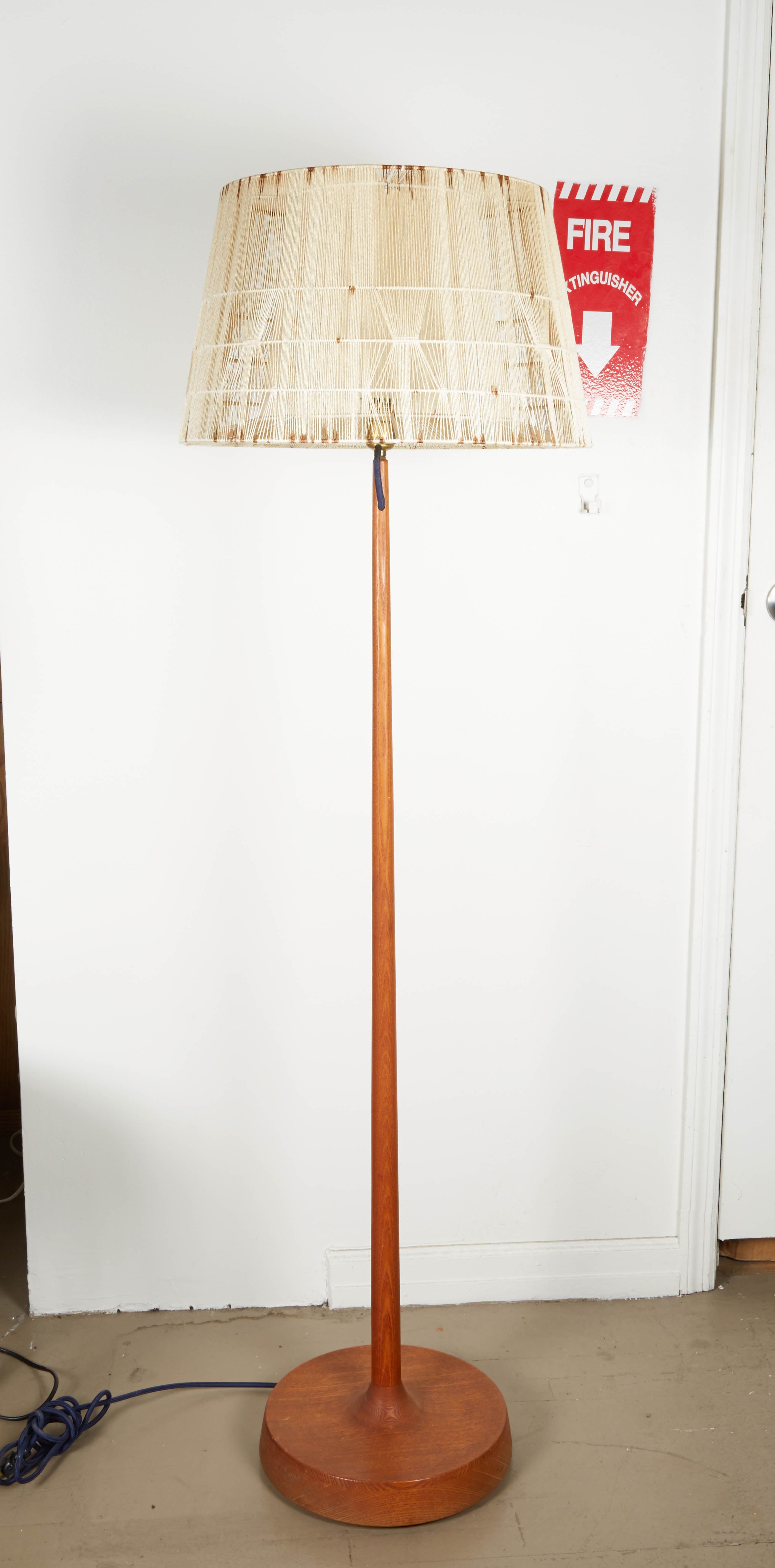 1950s Solid Oak Floor Lamp with Exposed Fabric Cord