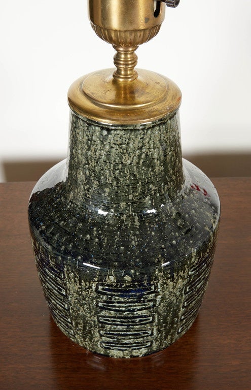 Ceramic Table Lamp with Green and Black Glaze In Excellent Condition In New York, NY