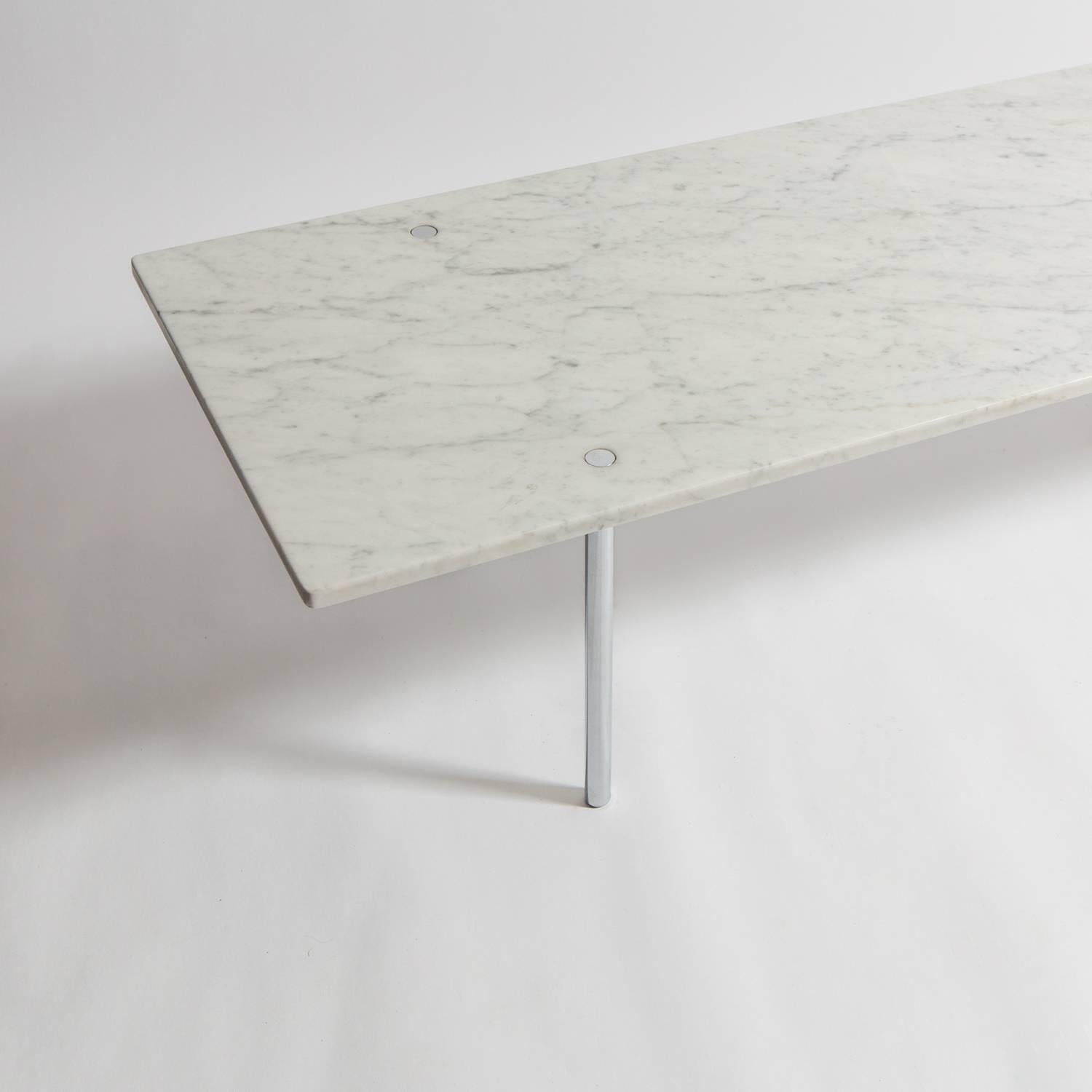 Carrara marble and chrome-plated steel coffee table by husband and wife design team Estelle and Erwine Laverne for Laverne Originals.
