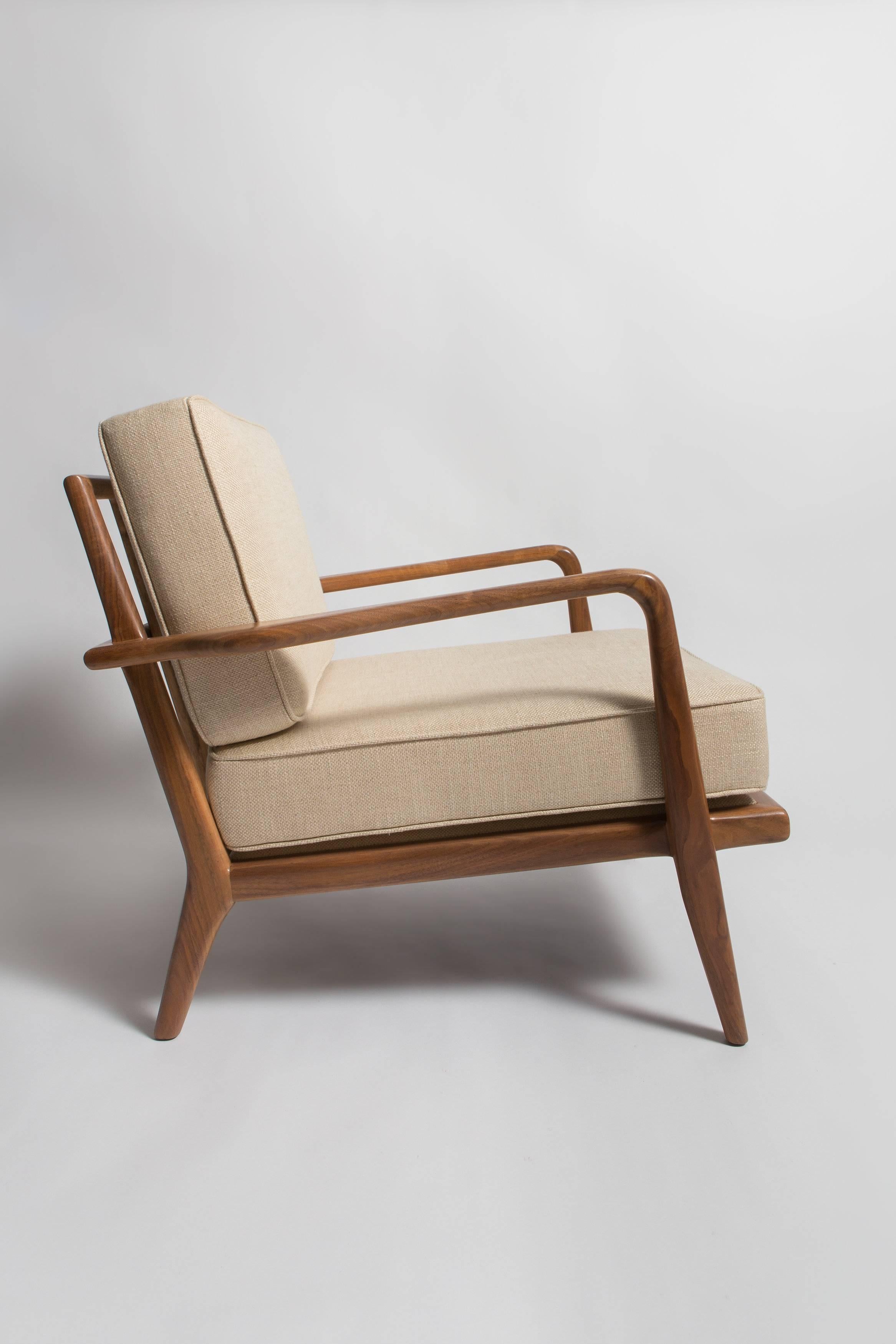 Vintage, 1950s, solid walnut Smilow railback lounge chair. Reupholstered in cream linen.
 