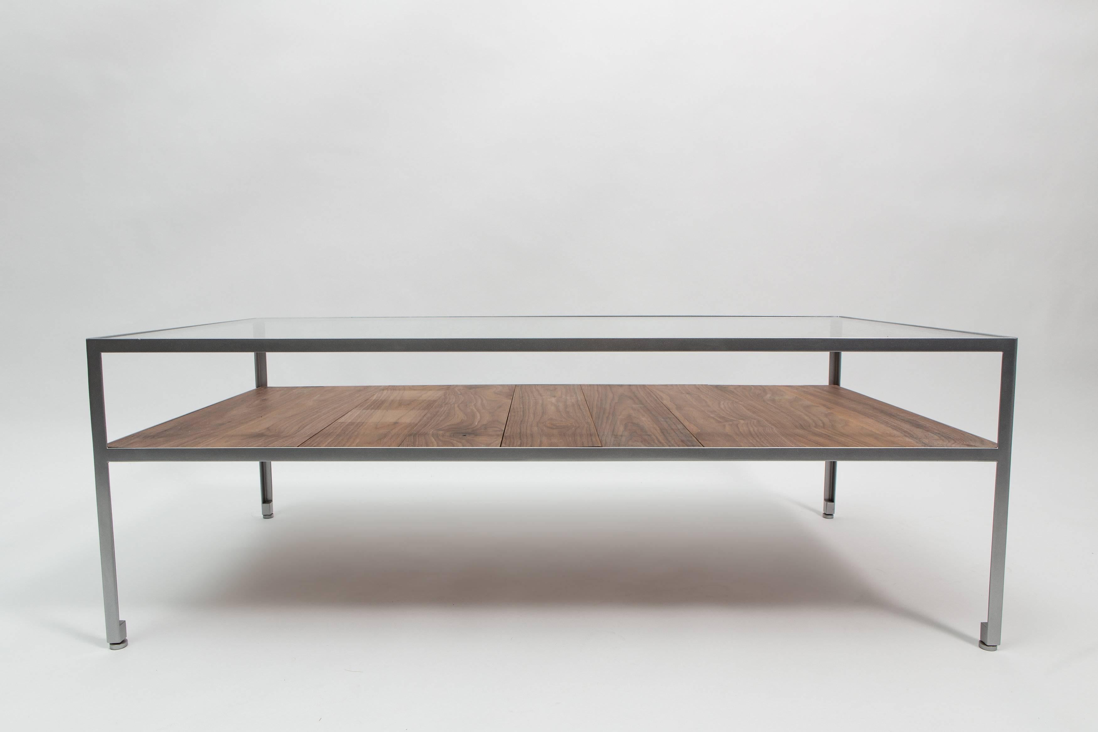 American Angle Steel Coffee Table with Nickel Frame, Glass Top and Walnut Slats For Sale