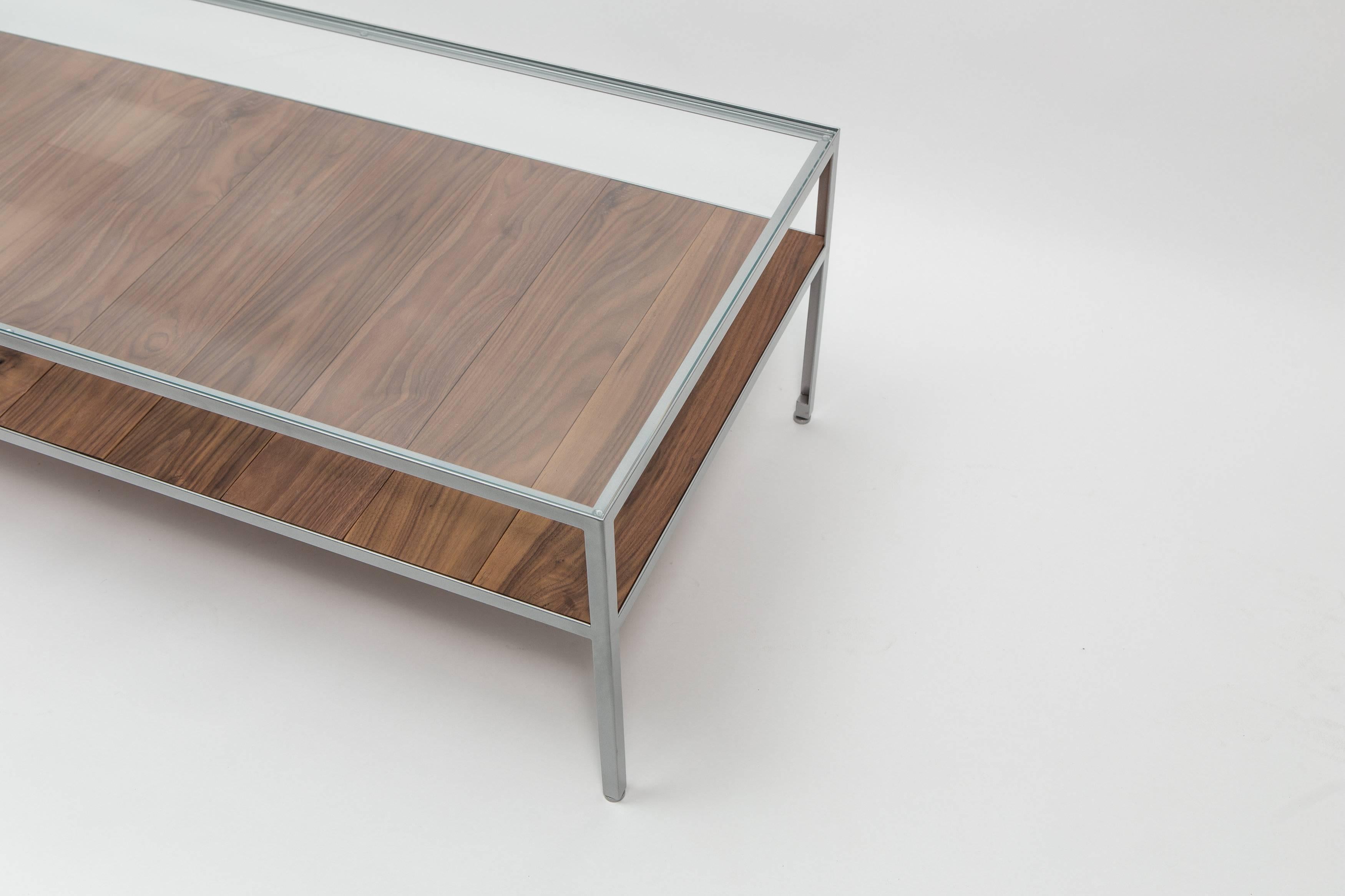 Angle Steel Coffee Table with Nickel Frame, Glass Top and Walnut Slats In Excellent Condition For Sale In New York, NY