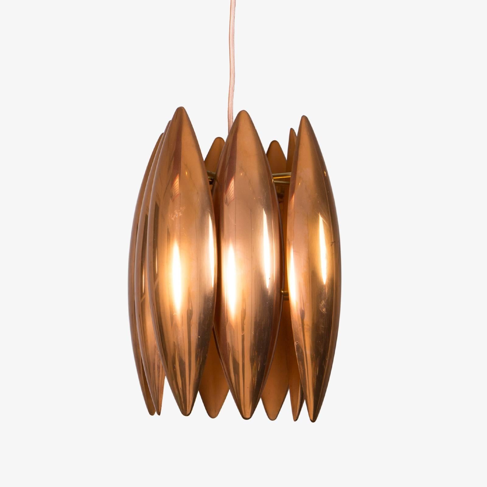 Midcentury Danish Copper Kastor pendant by Jo Hammerborg for Fog & Mørup.  The black cord has been changed to a copper/pink colored cloth cord as seen in the secondary images.