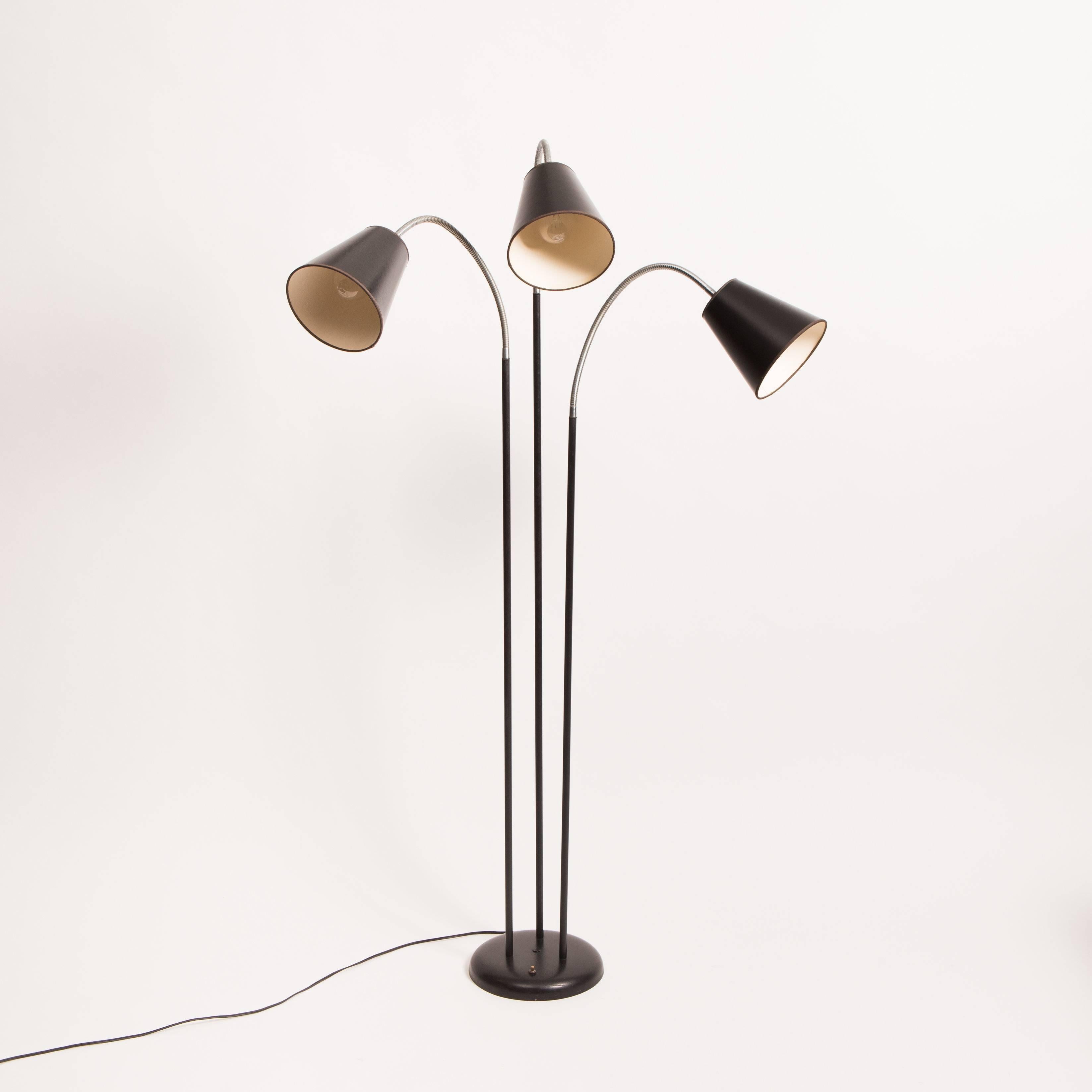 Three-arm gooseneck floor lamp with black shades by David Wurster for Raymor. Featured on page 243, of Modern Furnishings for the Home / Hennessey.