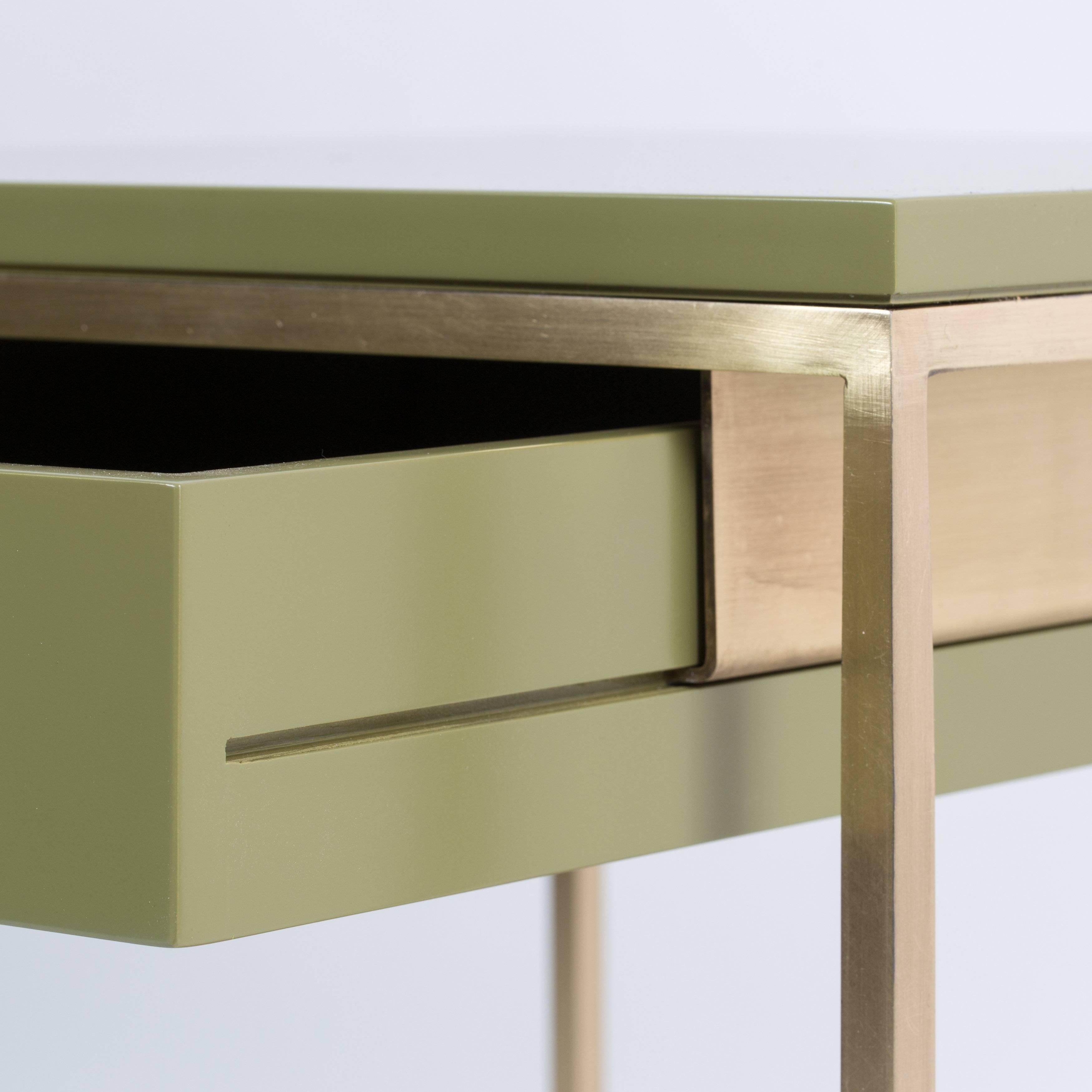 Minimalist Re: 392 Bedside Table in Serpentine Green on Satin Brass frame with Caned shelf