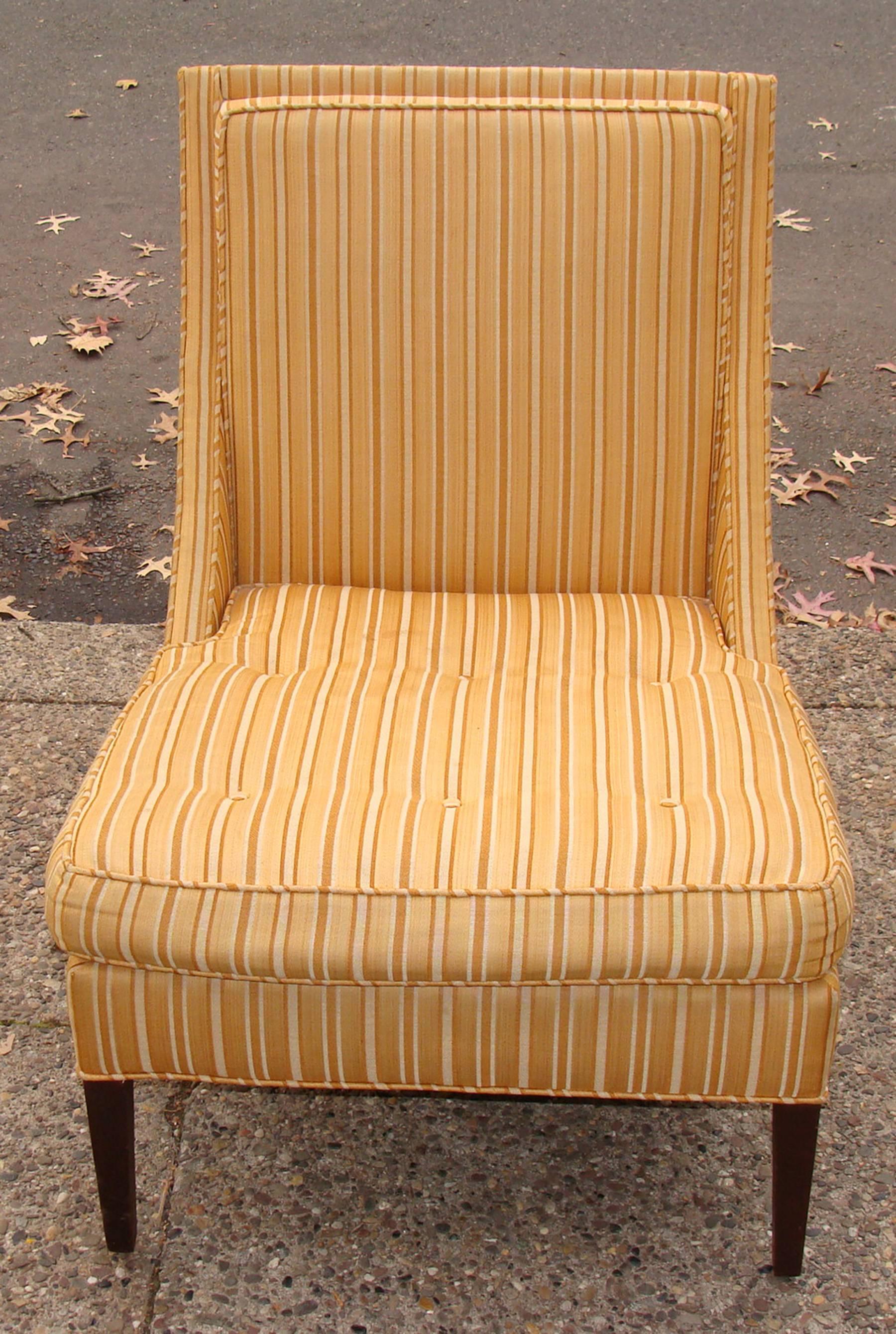 Very comfortable pair of MCM chairs in the original upholstery.
Fabric exhibits edge wear and some minor soiling...perfect for re-do.