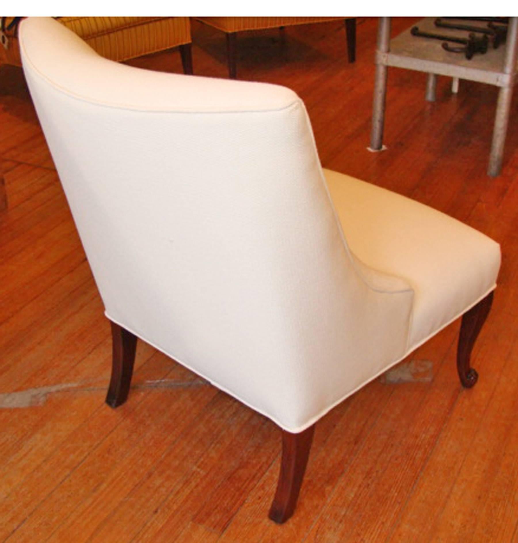 Midcentury slipper chairs. Nice transitional form, from Regency to modern. Newly upholstered.