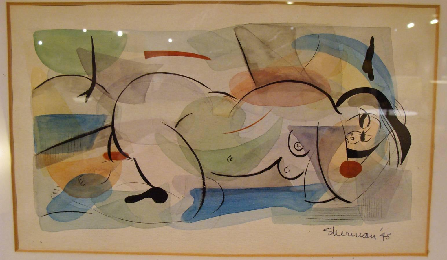 Fine original 1945 watercolor and ink on board by California artist Leslie Sherman. Abstract reclining female. Signed and dated L/R. Original framing. Frame measures 20