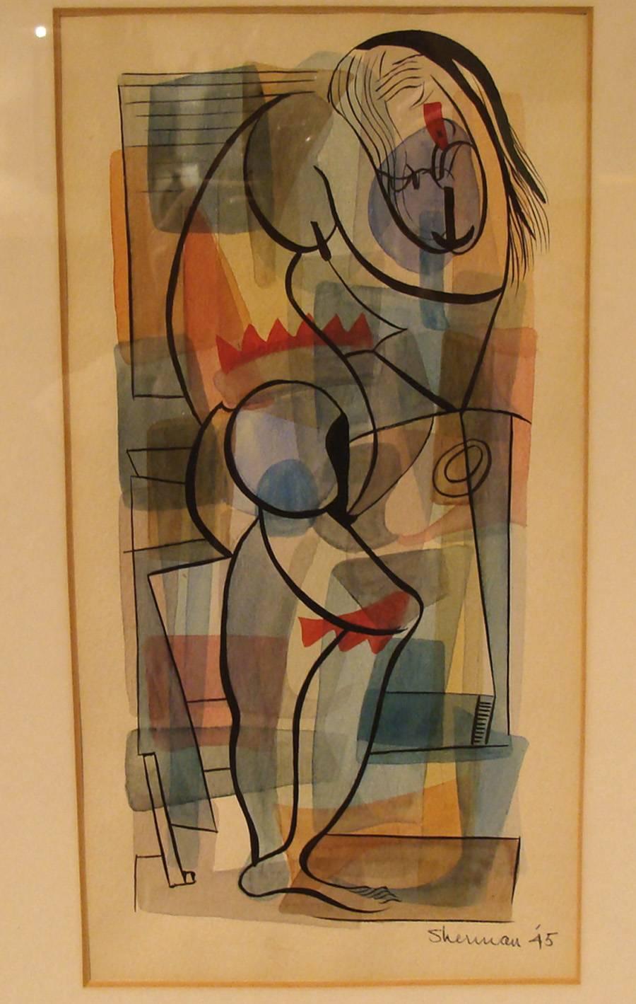 Amazing 1945 watercolor and ink on board. Abstract standing female by California artist
Leslie Sherman. Signed and dated L/R. Original framing. Frame measures 20.5