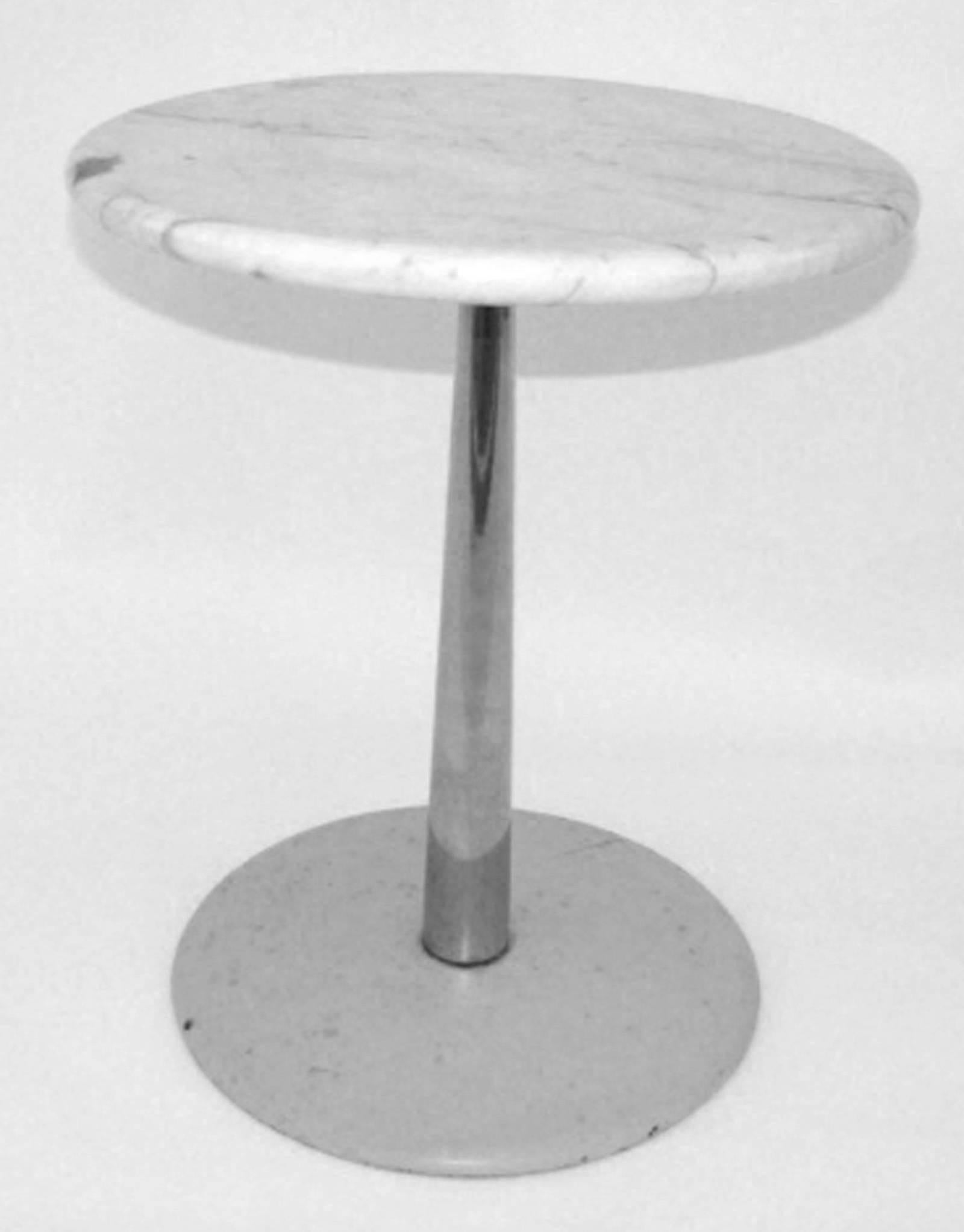 Very rare stem table, Model ST - 8 with Carrara marble top and steel base. Designed by Erwine and Estelle Laverne, circa 1960. Signed on underside of base. Marble is in excellent condition, no chips or damage. Some wear to white paint on base.