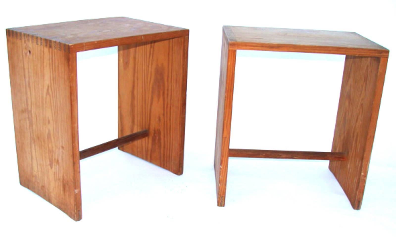 Rare matching pair of Ulm stools/side tables by Max Bill for Zanotta.
Fab original finish and signed. Minor wear with a few water stains.

Multifunctional design for use at Ulm School, Germany, circa 1954.