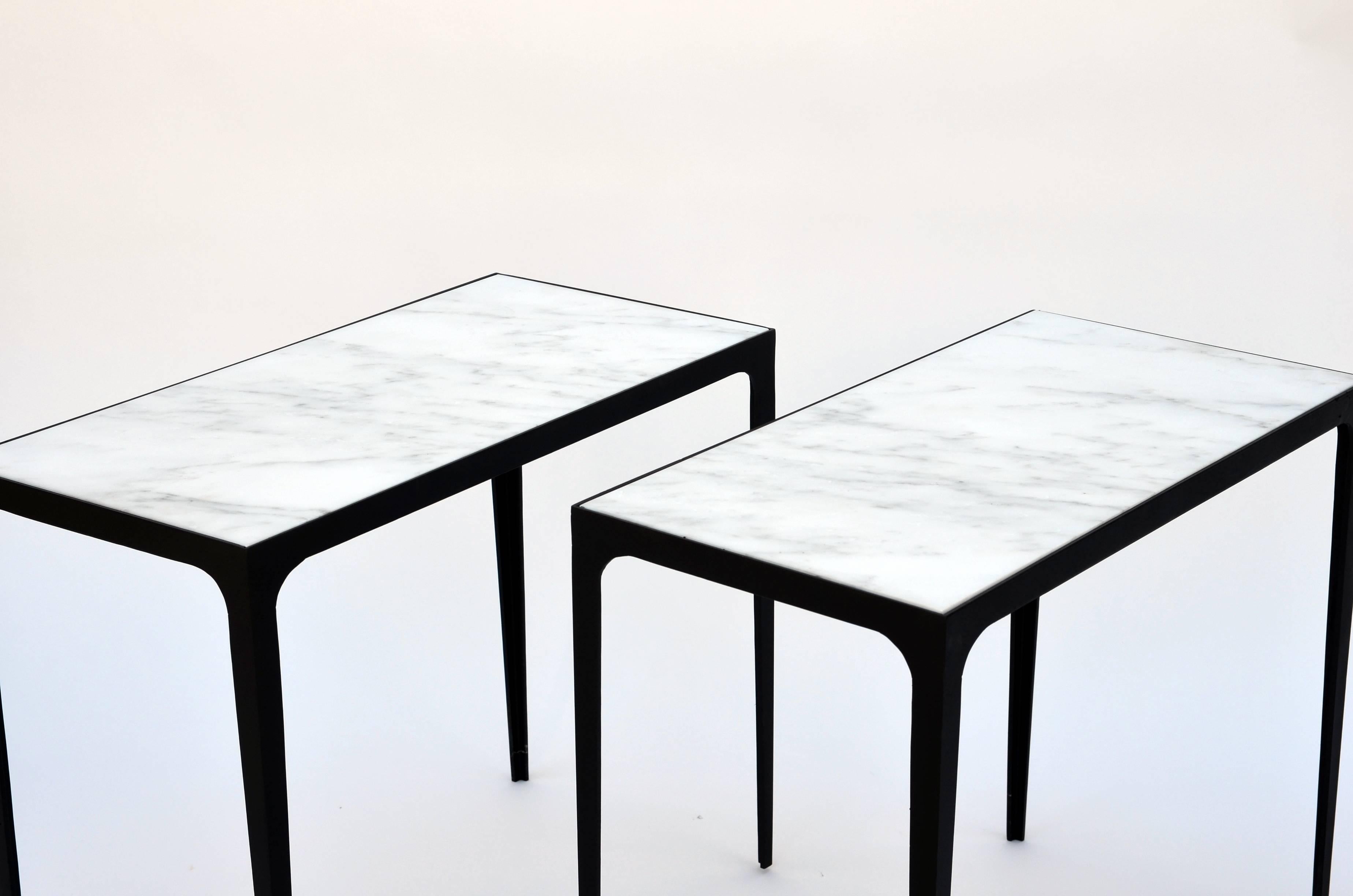 Modern Pair of 'Esquisse' Wrought Iron and Marble Side Tables by Design Frères For Sale