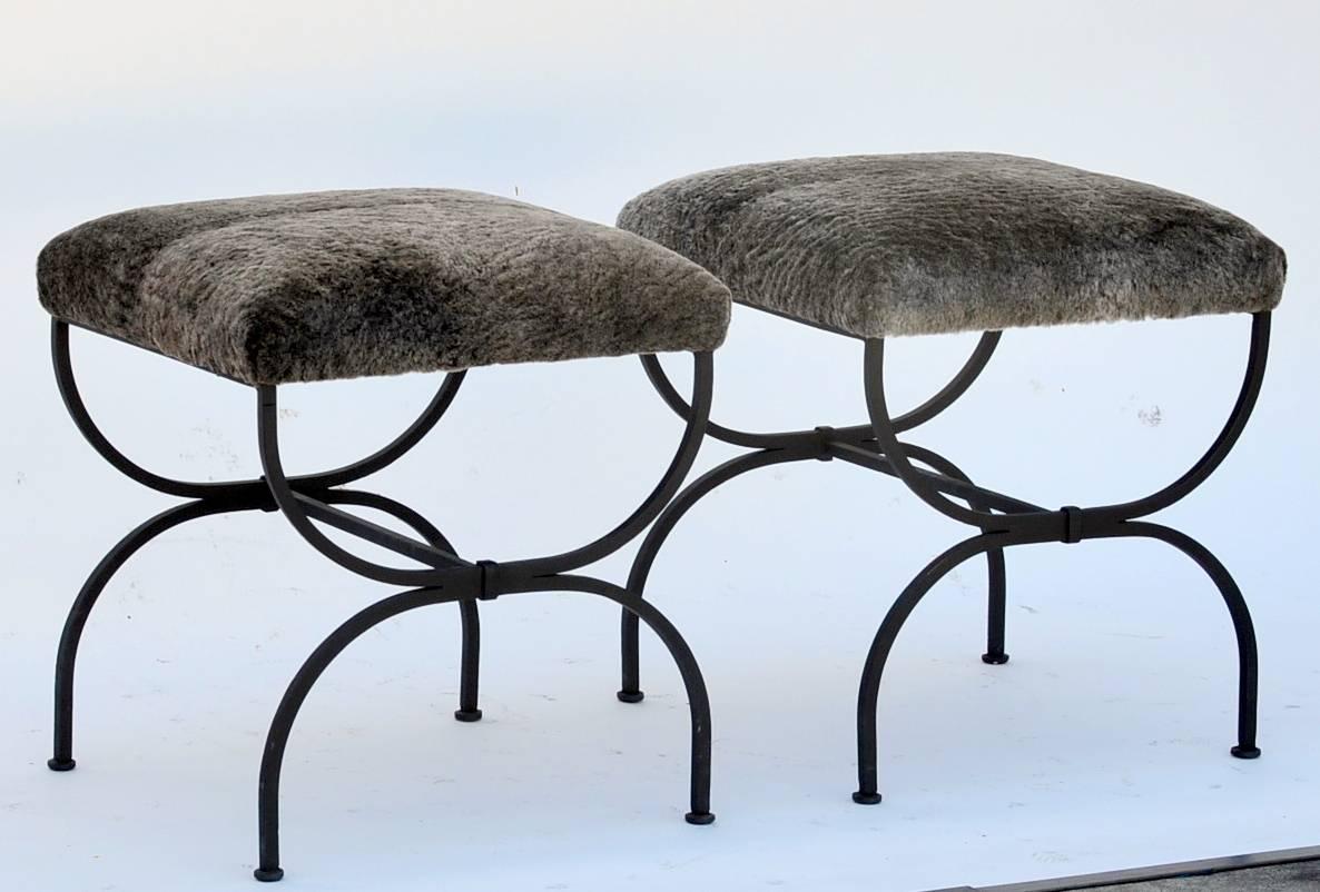 Art Deco Pair of Chic Fur-Covered Wrought Iron Stools in the Style of Gilbert Poillerat