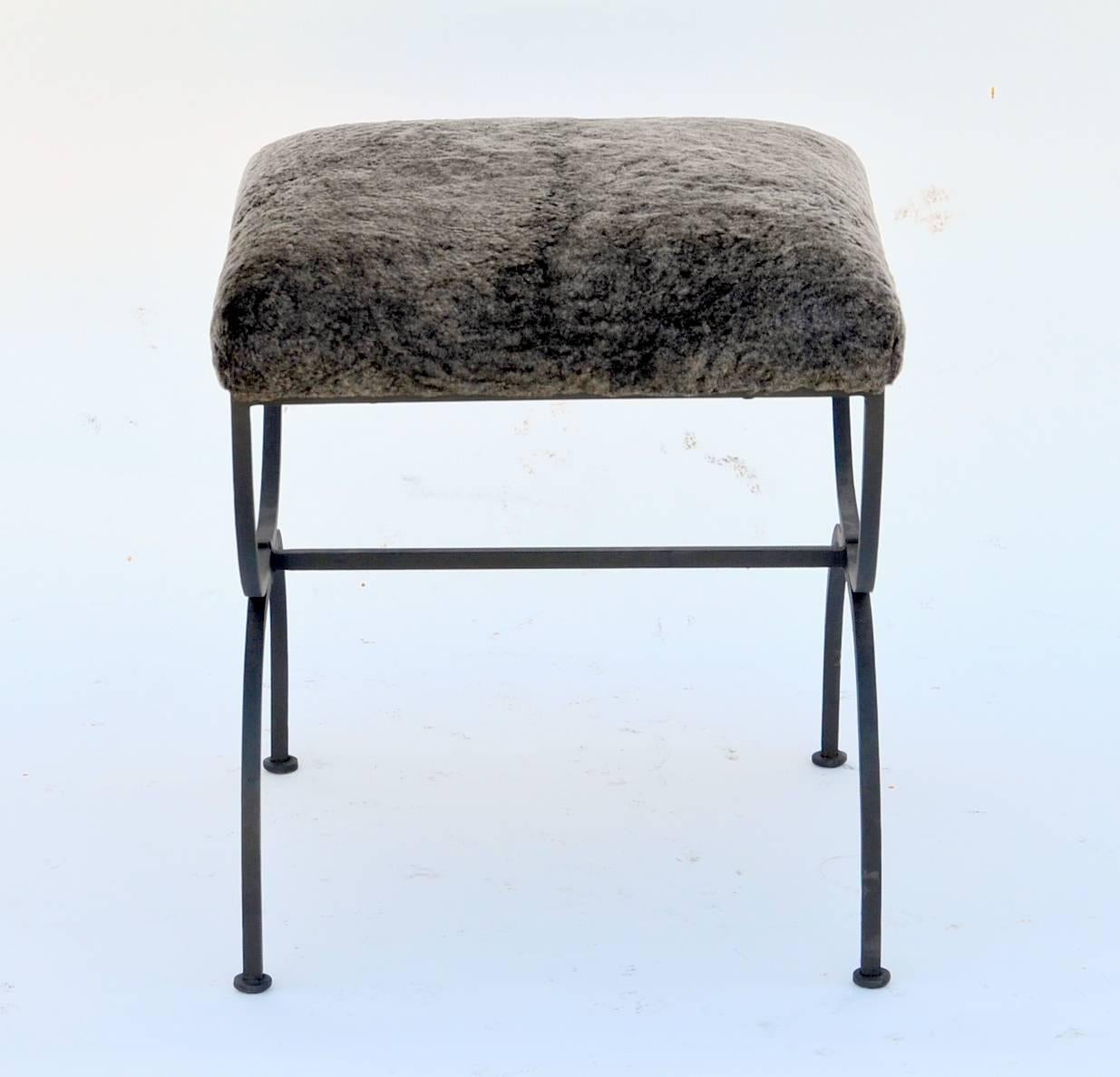 Pair of Chic Fur-Covered Wrought Iron Stools in the Style of Gilbert Poillerat In Good Condition In Los Angeles, CA