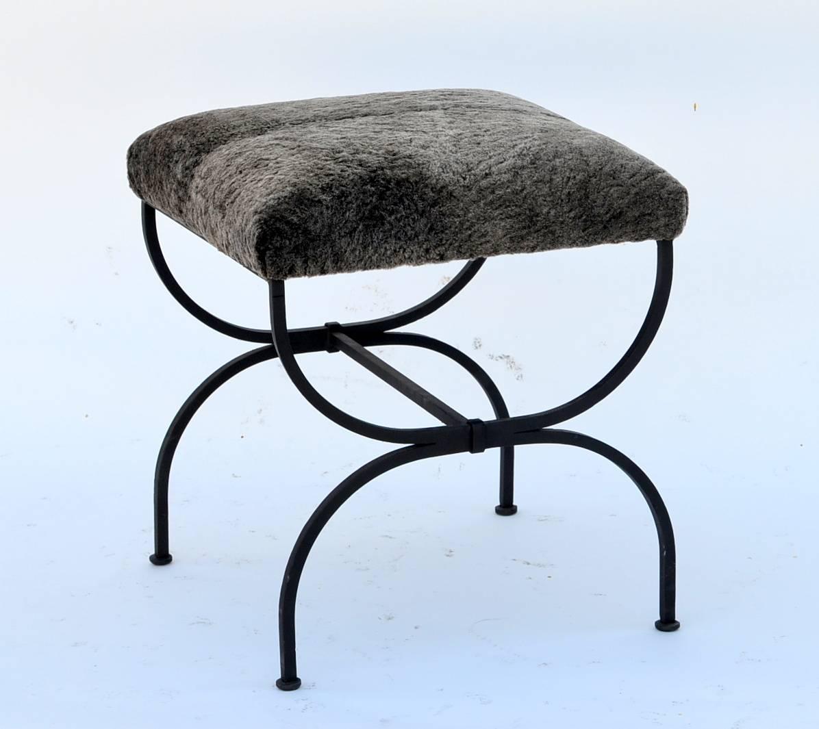 Patinated Pair of Chic Fur-Covered Wrought Iron Stools in the Style of Gilbert Poillerat