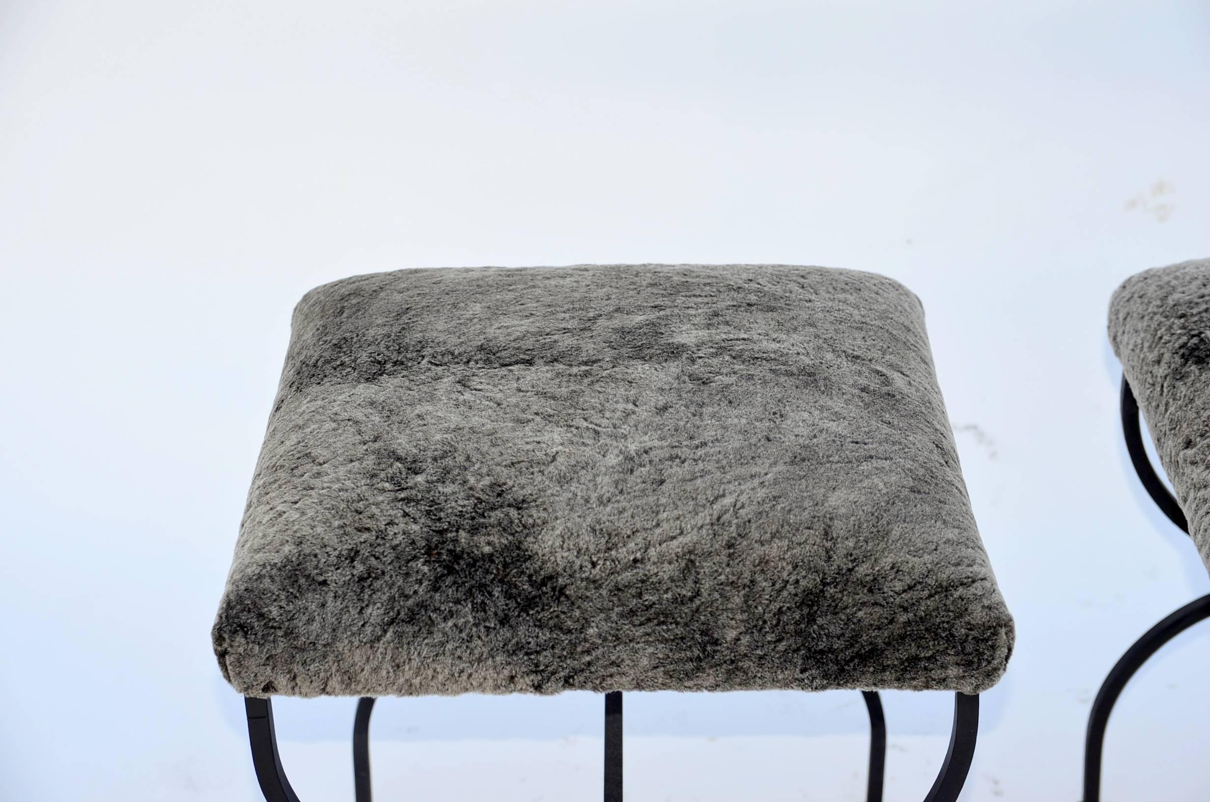 20th Century Pair of Chic Fur-Covered Wrought Iron Stools in the Style of Gilbert Poillerat