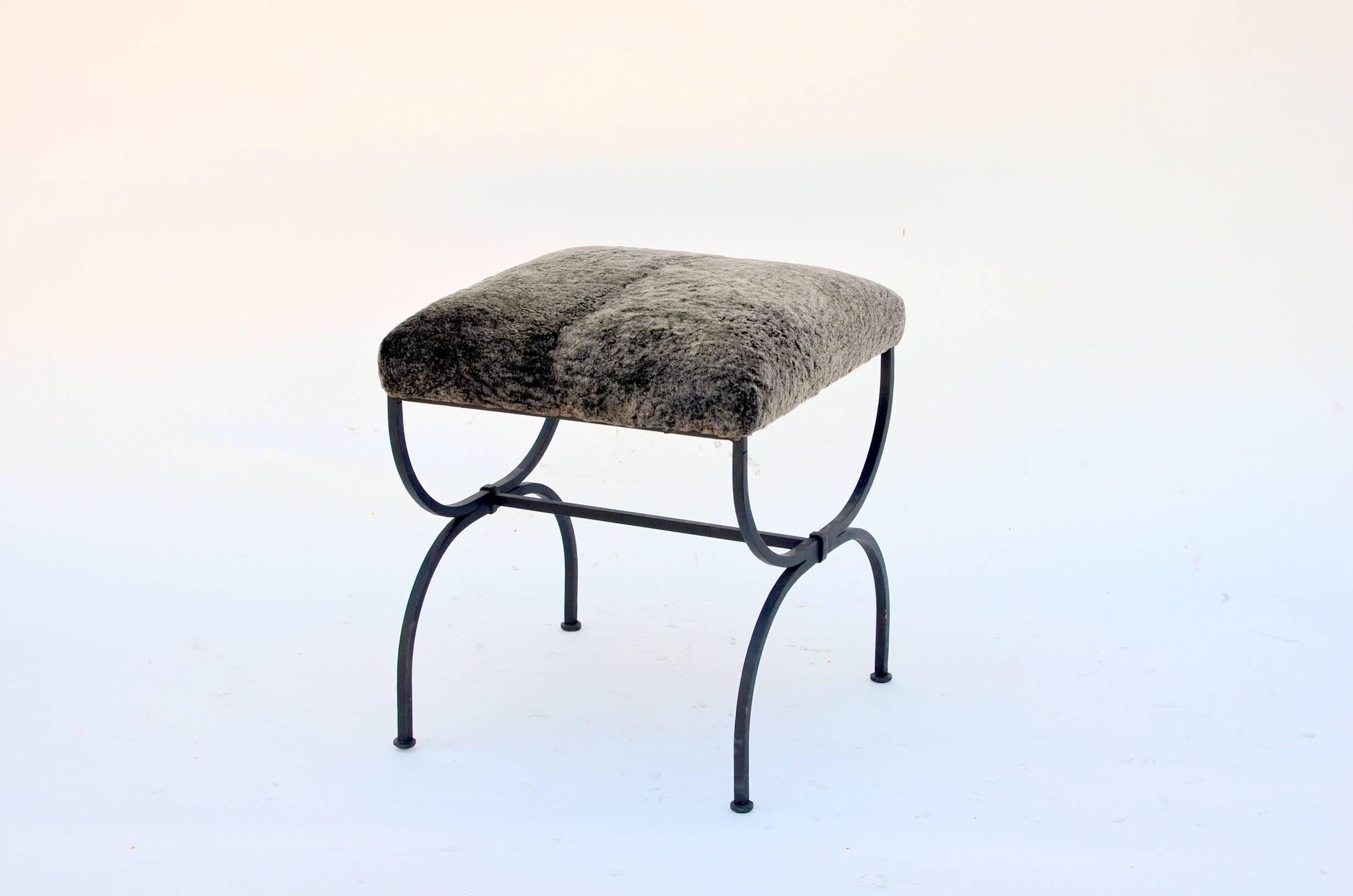 French Pair of Chic Fur-Covered Wrought Iron Stools in the Style of Gilbert Poillerat