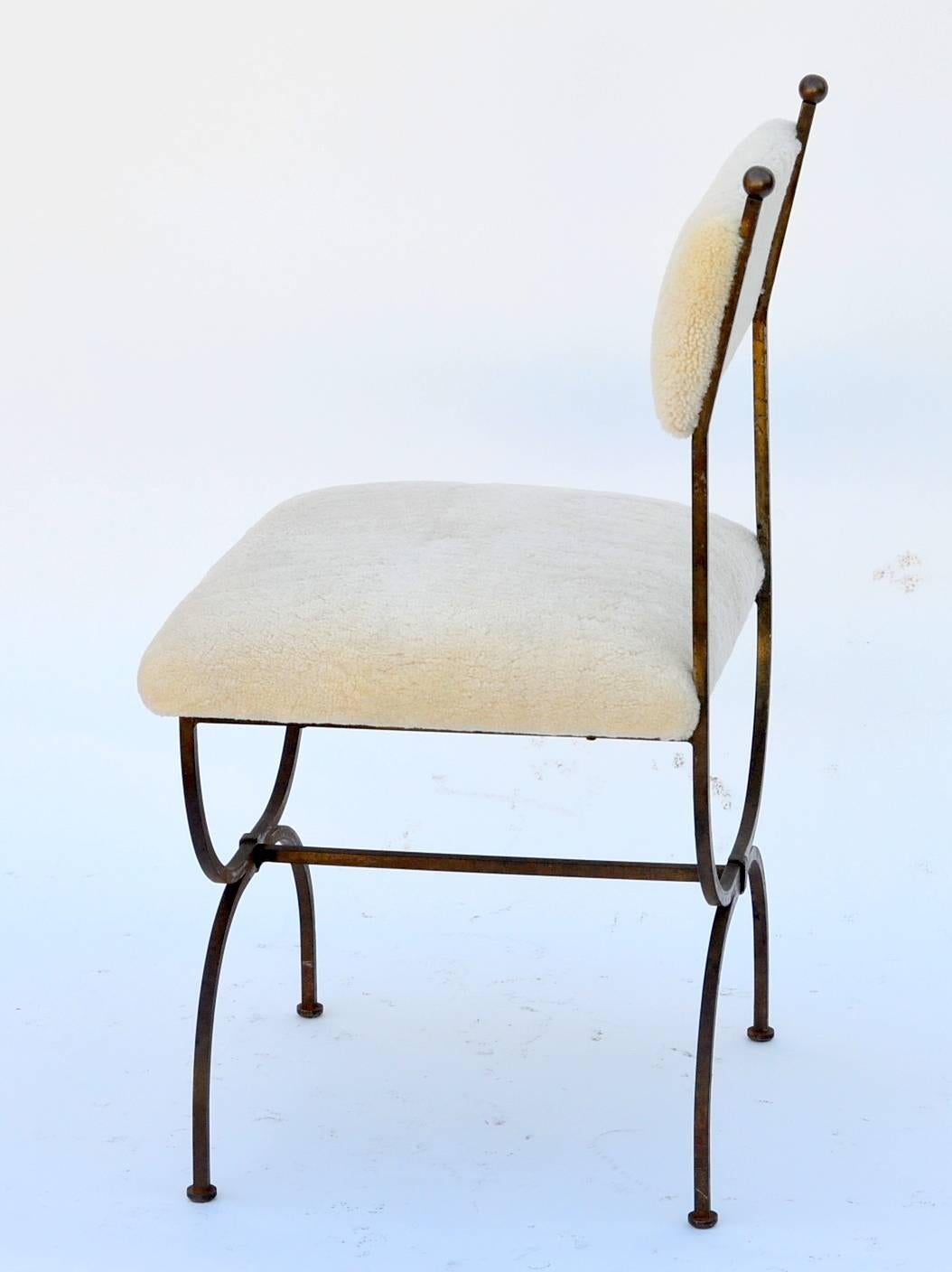 French Exceptional Wrought Iron and Sheepskin Side Chair by Gilbert Poillerat