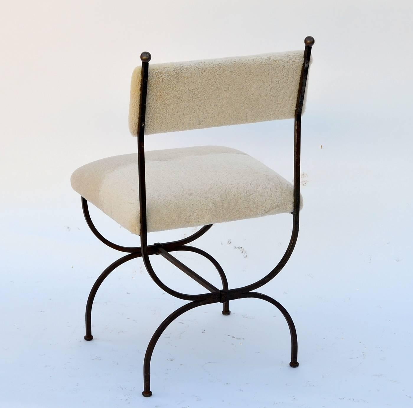 Patinated Exceptional Wrought Iron and Sheepskin Side Chair by Gilbert Poillerat