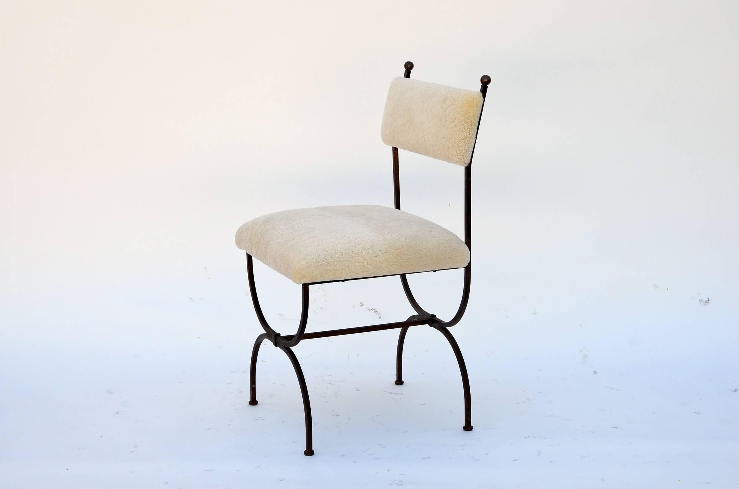 Modern Exceptional Wrought Iron and Sheepskin Side Chair by Gilbert Poillerat