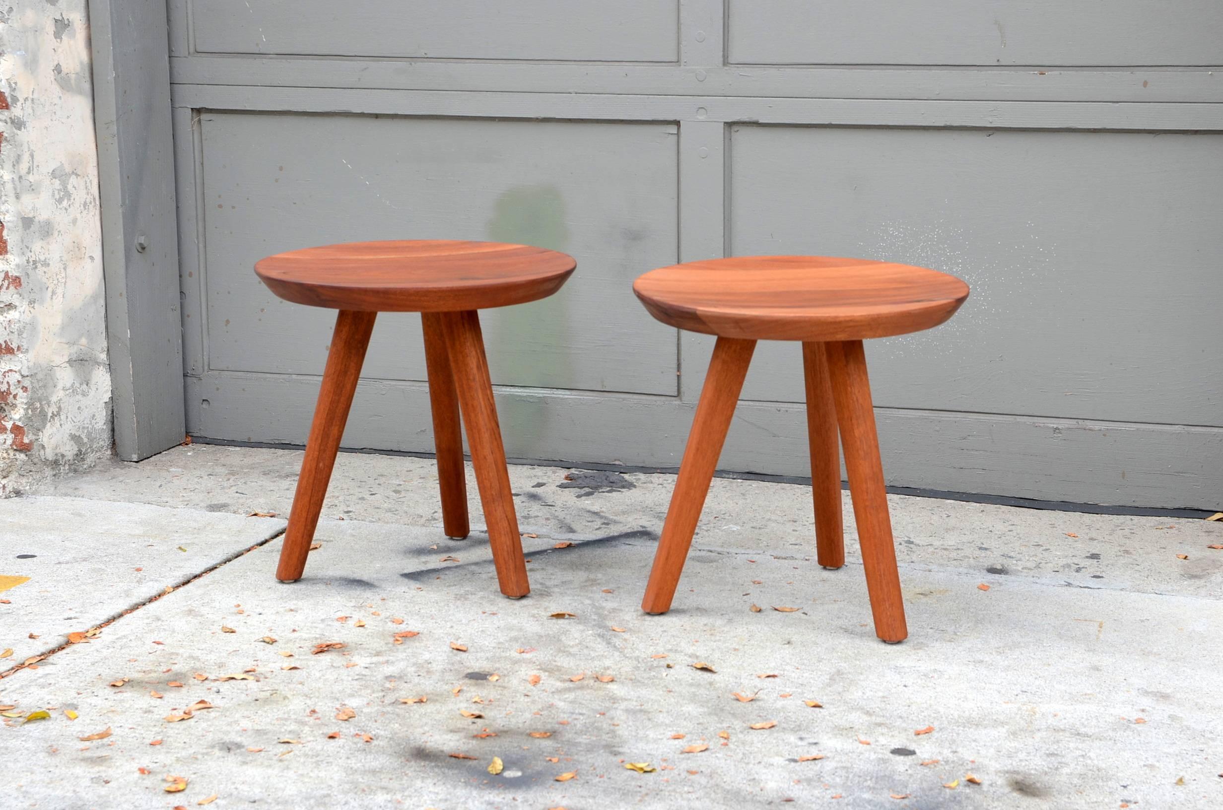 Mid-Century Modern Pair of Sturdy Tripod Carved Wood Stools in the Style of Charlotte Perriand