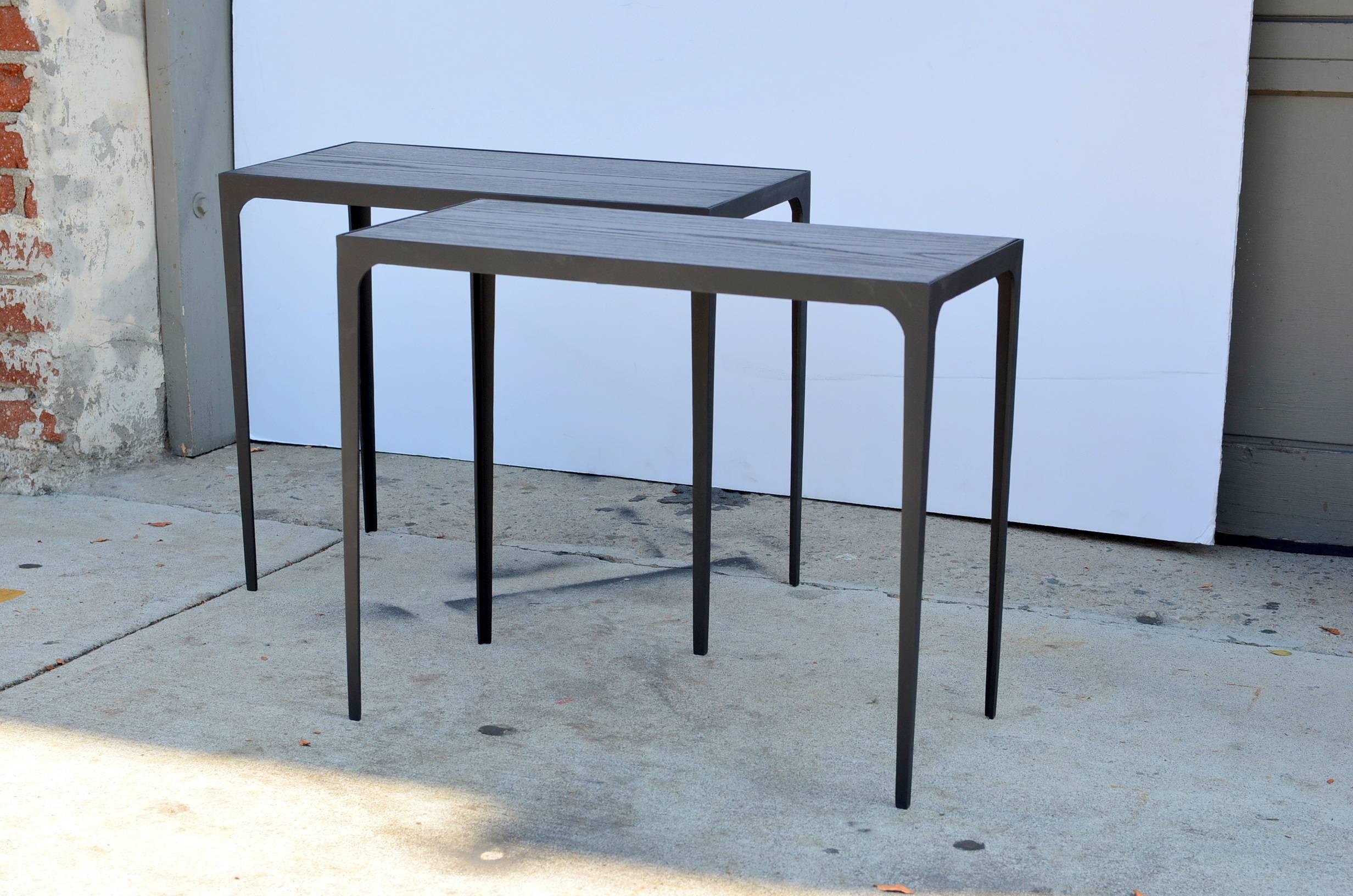 Art Deco Pair of 'Esquisse' Ebonized Grooved Oak and Iron Side Tables by Design Frères