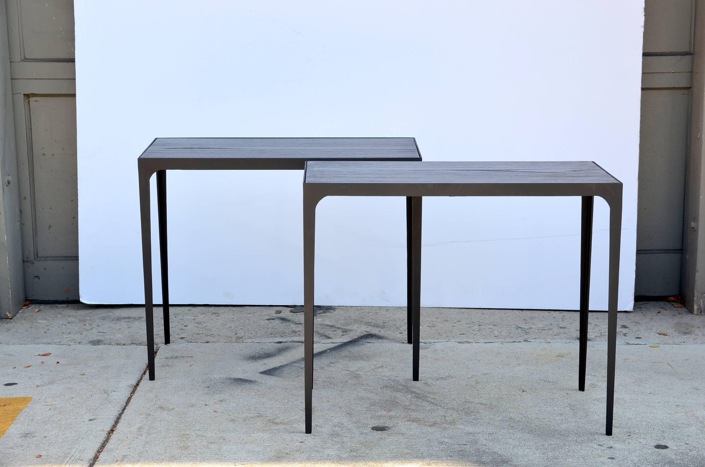 French Pair of 'Esquisse' Ebonized Grooved Oak and Iron Side Tables by Design Frères